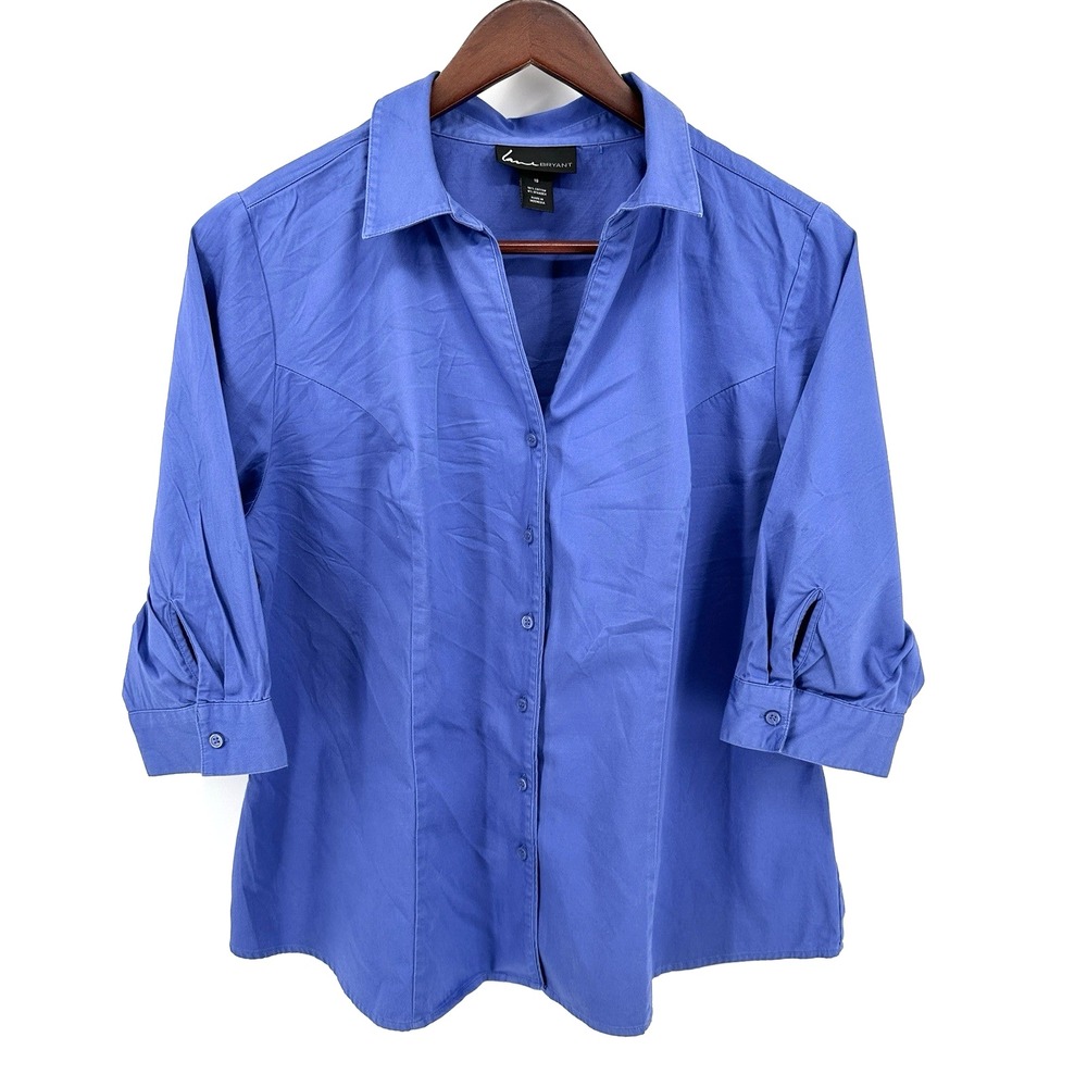 Lane Bryant Women's Button Up Blouse Blue 3/4 Sleeve Size 18 Stretch